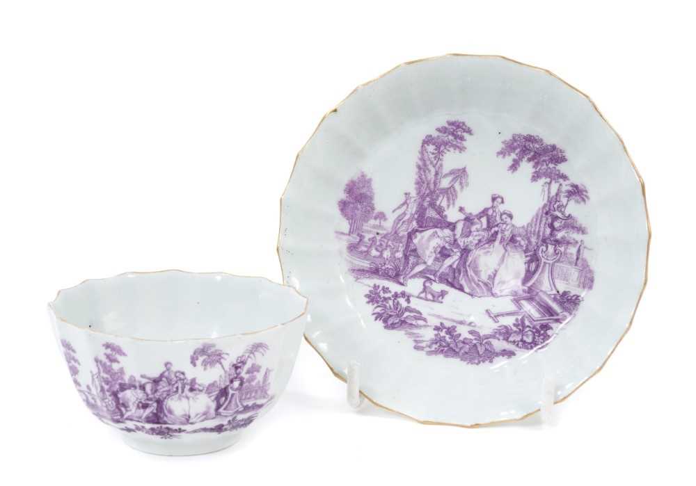 Lot 122 - A Worcester tea bowl and saucer, printed in purple by Robert Hancock with L'Amour, circa 1765