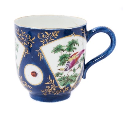 Lot 376 - A Worcester large coffee or chocolate cup, painted with exotic birds, on a powder blue ground, circa 1768