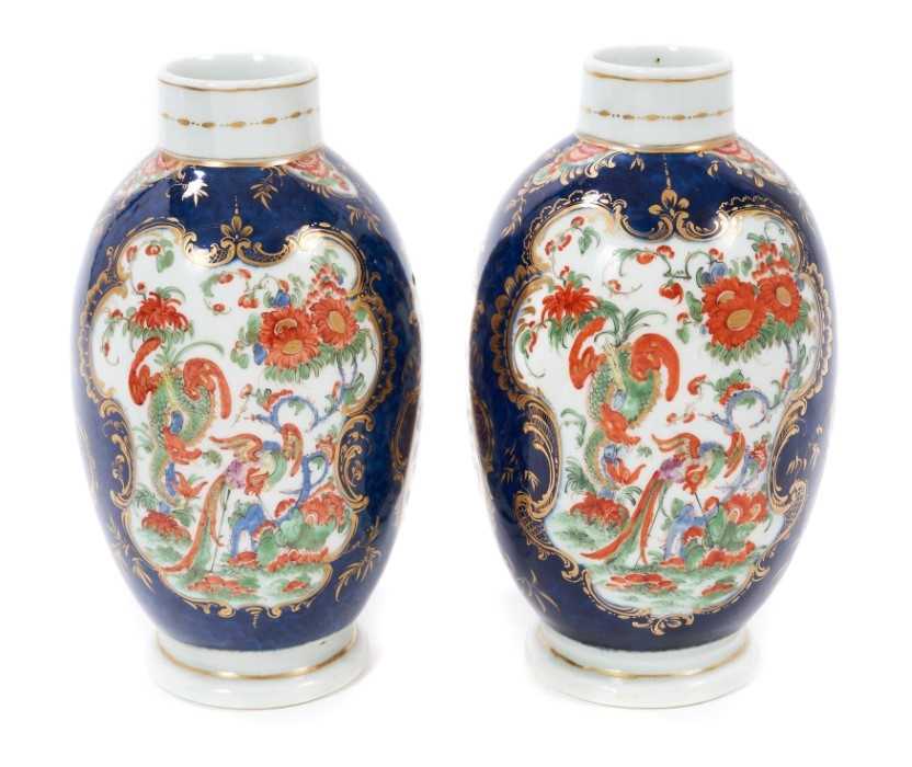 Lot 157 - A pair of Worcester tea canisters, richly painted in Kakiemon style, circa 1770