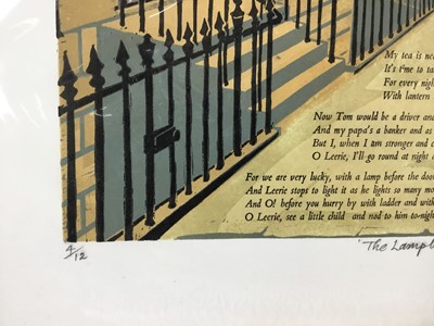 Lot 79 - Penny Berry Paterson (1941-2021) colour linocut print, The lamp lighter, signed inscribed and numbered 4/12 image 31 x 44cm