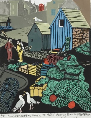 Lot 19 - Penny Berry Paterson (1941-2021) colour linocut print, Conversation Piece, St. Abbs, signed inscribed and numbered A/P image 21 x 18cm