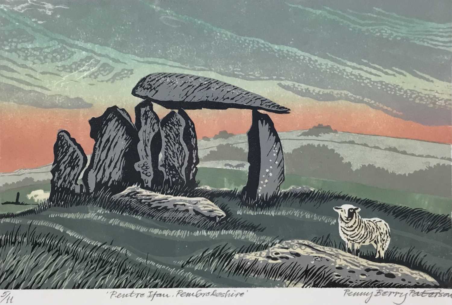 Lot 212 - Penny Berry Paterson (1941-2021) colour linocut print, Pentre Ifan, Pembrokeshire, signed inscribed and numbered 5/11, image 22 x 32cm, together with another by the same hand - Stone Circle, Mull
