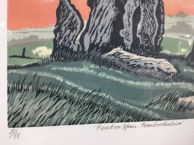 Lot 212 - Penny Berry Paterson (1941-2021) colour linocut print, Pentre Ifan, Pembrokeshire, signed inscribed and numbered 5/11, image 22 x 32cm, together with another by the same hand - Stone Circle, Mull