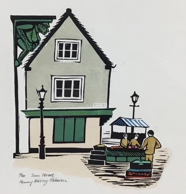 Lot 20 - Penny Berry Paterson (1941-2021) colour linocut print, Sun Street Waltham Abbey, signed inscribed and numbered 2/30, image 22 x 20cm, together with four others by the same hand