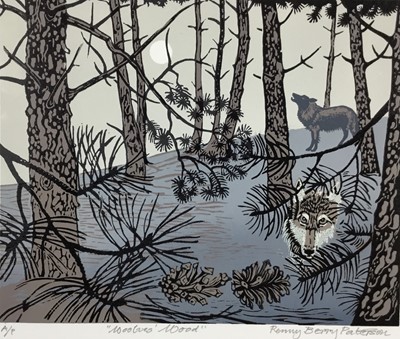 Lot 137 - Penny Berry Paterson (1941-2021) colour linocut print, Wolves Wood, signed inscribed and numbered A/P image 20 x 26cm, together with 2 further prints