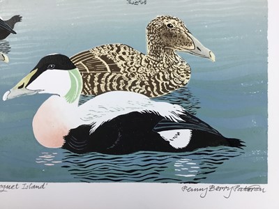 Lot 138 - Penny Berry Paterson (1941-2021) colour linocut, Eiders off Coquet Island, signed, inscribed and numbered 20/20, 32 x 41cm