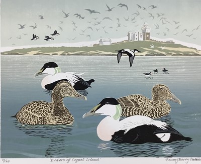 Lot 210 - Penny Berry Paterson (1941-2021) colour linocut, Eiders off Coquet Island, signed, inscribed and numbered 18/20, 32 x 41cm
