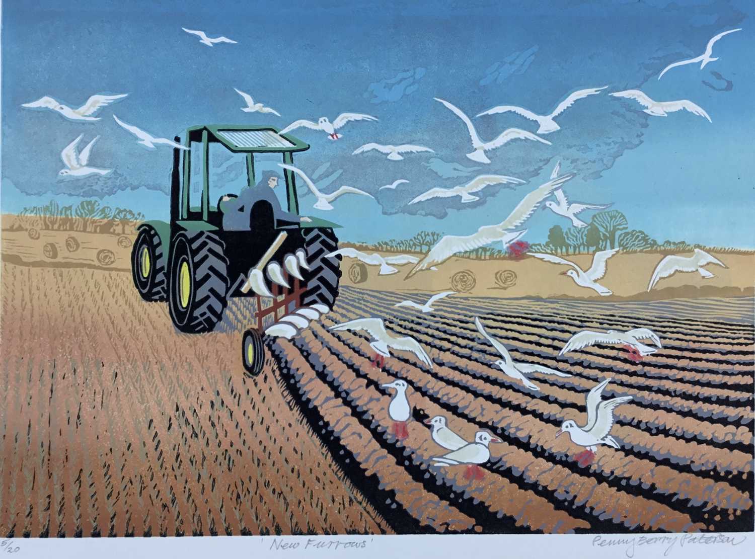 Lot 139 - Penny Berry Paterson (1941-2021) colour linocut, New Furrows, signed, inscribed and numbered 5/20, image 28 x 37cm