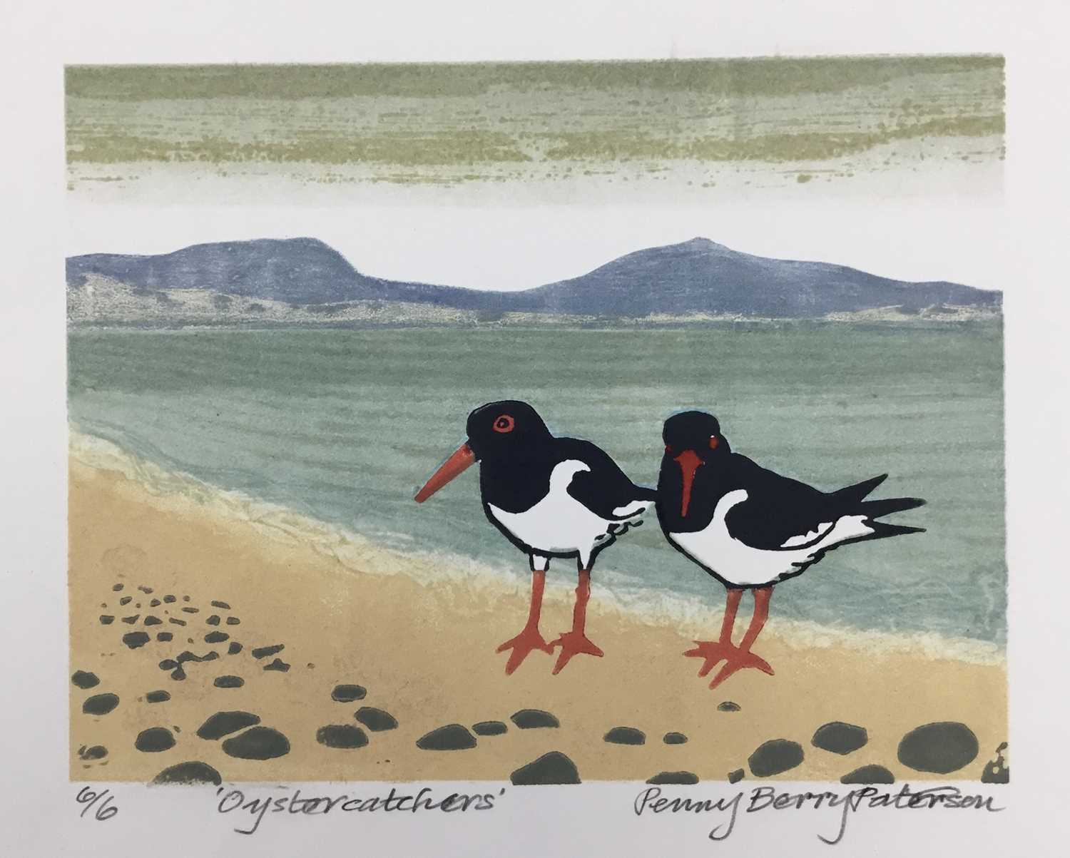 Lot 140 - Penny Berry Paterson (1941-2021) colour linocut, Oyster catchers, signed, inscribed and numbered 6/6, image 12 x 16cm, and three others by the same hand