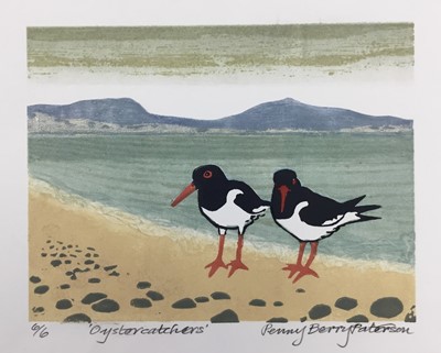 Lot 140 - Penny Berry Paterson (1941-2021) colour linocut, Oyster catchers, signed, inscribed and numbered 6/6, image 12 x 16cm, and three others by the same hand