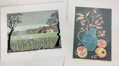 Lot 640 - Penny Berry Paterson (1941-2021) three colour linocuts - ‘Stour Valley, Spring’, signed, inscribed and numbered 10/10, image 26 x 35cm, together with Pomegranates and Spindleberries, by the same hand