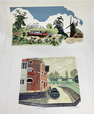 Lot 578 - Penny Berry Paterson (1941-2021) two colour linocuts -‘ Barnack Mill’, signed, inscribed and numbered 12/20, image 36 x 63cm