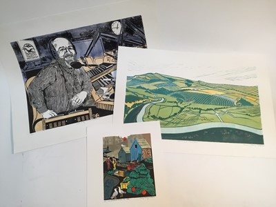 Lot 569 - Penny Berry Paterson (1941-2021) colour linocut print, John Eley in the Afternoon, signed inscribed and numbered 5/20, image 38 x 51cm, together with two others by the same hand