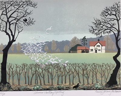 Lot 135 - Penny Berry Paterson (1941-2021) colour linocut print, Stour Valley Spring, signed inscribed and numbered 6/10, 26 x 36cm