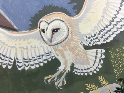 Lot 134 - Penny Berry Paterson (1941-2021) colour linocut print, Henny Barn Owl, signed inscribed and numbered 11/15, image 17 x 22cm, together with two others by the same hand