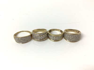 Lot 665 - Four 9ct gold diamond set thick banded rings