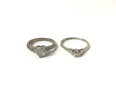 Lot 669 - 18ct white gold synthetic heart shaped stone ring and 9ct white gold diamond solitaire ring