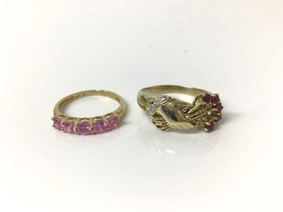 Lot 702 - 14ct gold pink five stone ring and 14ct gold ring with hand holding gem set bunch of flowers