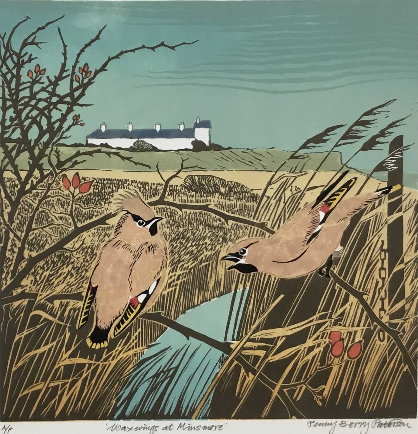 Lot 17 - Penny Berry Paterson (1941-2021) colour linocut, Waxwings at Minsmere