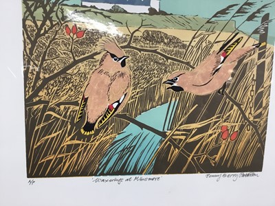 Lot 17 - Penny Berry Paterson (1941-2021) colour linocut, Waxwings at Minsmere