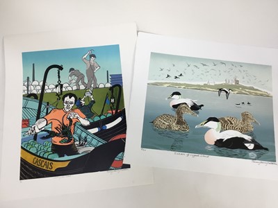 Lot 571 - Penny Berry Paterson (1941-2021) two colour linocuts - ‘Catching the catch’ signed and numbered 1/30 and ‘Eiders off Coquet Island’