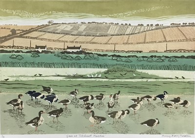 Lot 219 - Penny Berry Paterson (1941-2021) colour linocut, Geese at Titchwell Marshes