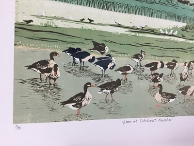 Lot 219 - Penny Berry Paterson (1941-2021) colour linocut, Geese at Titchwell Marshes