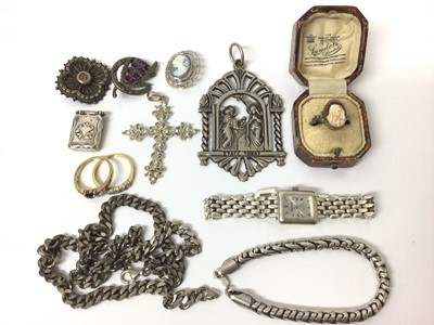 Lot 661 - Silver Yves Renaud wristwatch, silver bracelet, antique silver locket and brooch, together with other costume jewellery