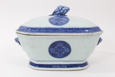 Lot 155 - Chinese blue and white export porcelain tureen, circa 1800, with Fitzhugh pattern roundels and moulded fruit-form handles, measuring 32cm across