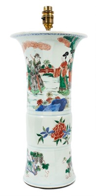 Lot 152 - Large 19th century Chinese Wucai porcelain 'Gu' vase, painted with three bands of figures, flowers and fruit, 39cm high excluding lamp mount