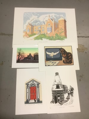 Lot 171 - Penny Berry Paterson (1941-2021) colour linocut, St Marys Long Melford, signed, inscribed and numbered A/P, image 33 x 43cm, together with four others