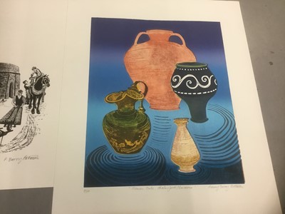 Lot 165 - Penny Berry Paterson (1941-2021) colour linocut, Roman Pots, Chelmsford Museum, signed, inscribed and numbered 4/30 image 33 x 27cm, together with another two prints by the same hand
