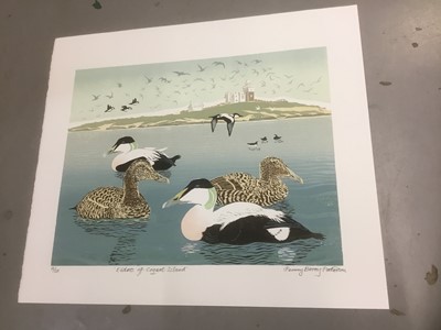 Lot 175 - Penny Berry Paterson (1941-2021) colour linocut, Eiders off Coquet Island,signed, inscribed and numbered 11/20, image 33 x 40cm