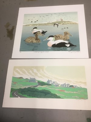 Lot 174 - Penny Berry Paterson (1941-2021) colour linocut, Eiders off Coquet Island,signed, inscribed and numbered 12/20, image 33 x 40cm, together with another by the same hand
