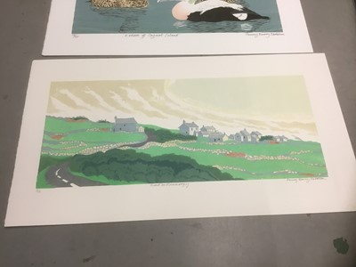 Lot 174 - Penny Berry Paterson (1941-2021) colour linocut, Eiders off Coquet Island,signed, inscribed and numbered 12/20, image 33 x 40cm, together with another by the same hand