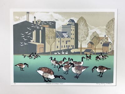 Lot 643 - Penny Berry Paterson (1941-2021) two colour linocuts - ‘Winter at Bakers Mill’, signed, inscribed and numbered 11/30, image 33 x 47cm