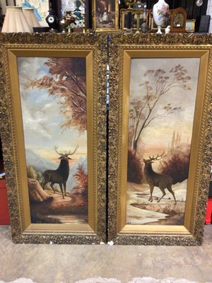 Lot 591 - Pair of early 20th century oils on canvas- stags in winter landscape