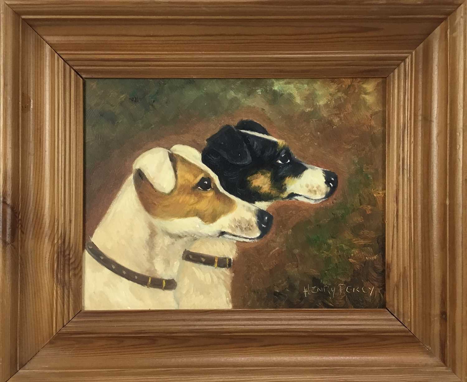 Lot 8 - Henry Percy (20th century) oil  - Two dogs, 21.5cm x 16.5cm