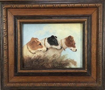 Lot 9 - Henry Percy (20th century) oil on board - Three dogs, 19cm x 14.5cm