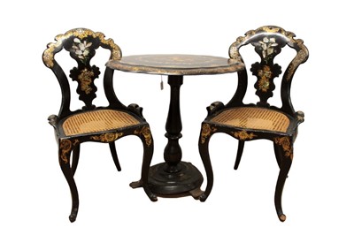 Lot 1256 - Pair of Victorian papier mâché side chairs together with another similar and a tilt top occasional table