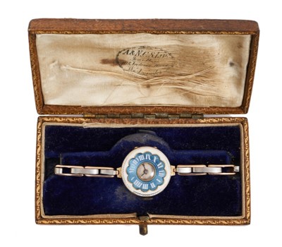 Lot 3 - The Countess of Strathmore GCVO, DSt.J, (mother of Lady Elizabeth Bowes-Lyon - later H.M. Queen Elizabeth The Queen Mother)  1920s lady's 15ct gold and guilloché enamel wristwatch on 15ct gold and...