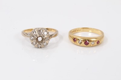 Lot 616 - 18ct gold ruby and diamond five stone ring and an 18ct gold diamond cluster ring (one stone missing)