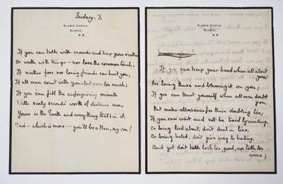Lot 5 - Lady Elizabeth Bowes-Lyon (later H.M. Queen Elizabeth The Queen Mother), handwritten copy of the poem 'If ' by Rudyard Kipling written in ink on Glamis Castle headed writing paper with black edgin...