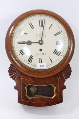 Lot 962 - Early 19th century drop dial wall clock by R. Cole of Ipswich, with 9” 
circular painted dial in carved mahogany and brass inlaid case