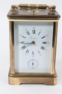 Lot 953 - 20th century French brass carriage clock with hour repeating eleven jewel 
movement and alarm mechanism in brass case