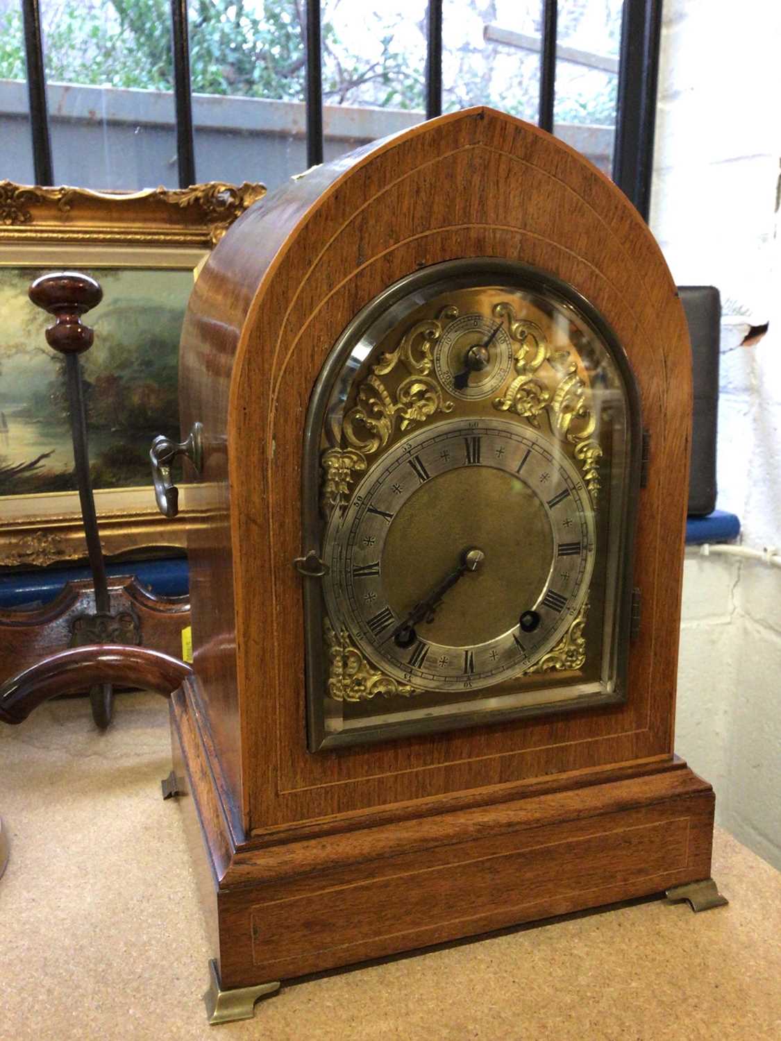 Lot 171 - Late 19th century 8 day bracket clock by Winterhalder & Hofmeier with arched 
brass dial in lancet shape case
