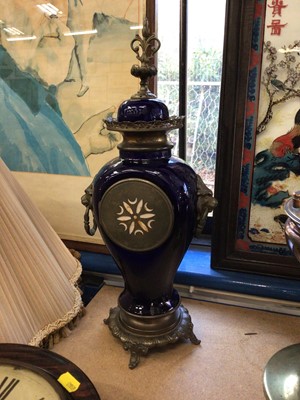 Lot 215 - Late 19th century timepiece in blue ceramic urn shape case