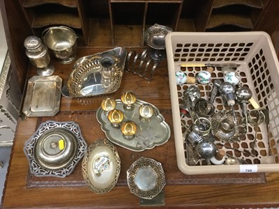 Lot 749 - Silver pin dish, silver sugar caster, two silver wine labels, unusual silver plated Toby jug and other silver and plated ware