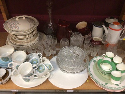 Lot 557 - Large quantity of china and glassware including decanters, Portmeirion etc - 2 shelves