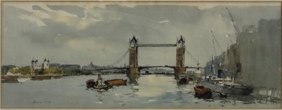 Lot 1101 - *Edward Wesson (1910-1983) watercolour and ink study- River Thames Tower Bridge scene